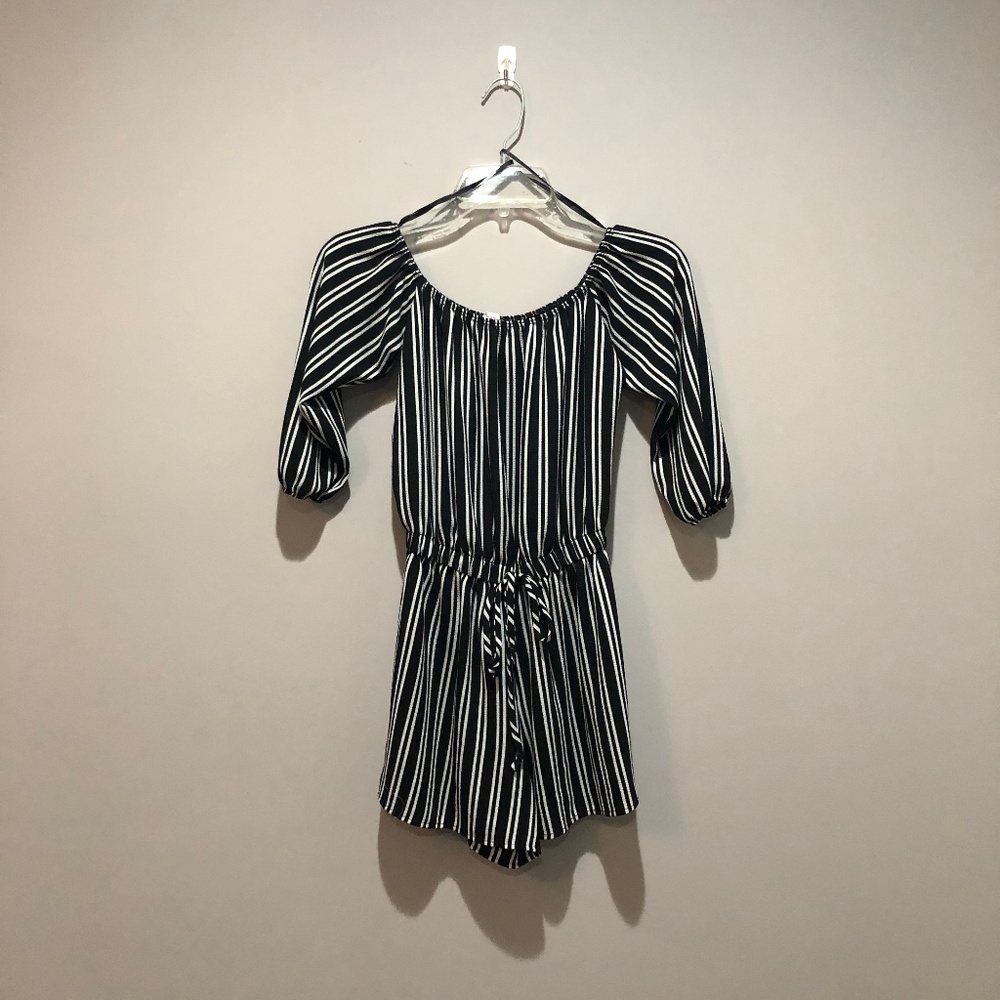 Off Shoulder Striped Romper - Picture 1 of 6